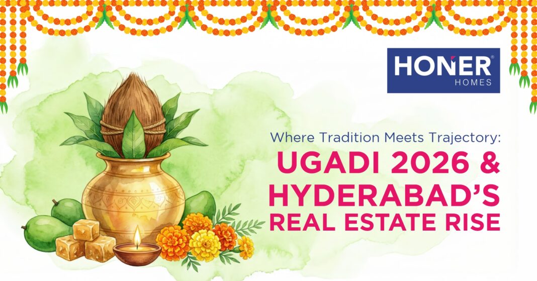 A festive Ugadi illustration featuring a traditional brass kalash with coconut and mango leaves, surrounded by raw mangoes, jaggery pieces, marigold flowers, and a lit diya — representing the auspicious spirit of Telugu New Year 2026. Honer Homes explores how Ugadi aligns with Hyderabad's real estate growth in 2026.