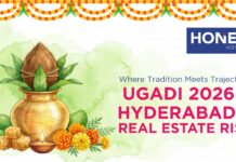 Where Tradition Meets Trajectory: Ugadi 2026 & Hyderabad’s Real Estate Rise A festive Ugadi illustration featuring a traditional brass kalash with coconut and mango leaves, surrounded by raw mangoes, jaggery pieces, marigold flowers, and a lit diya — representing the auspicious spirit of Telugu New Year 2026. Honer Homes explores how Ugadi aligns with Hyderabad's real estate growth in 2026.