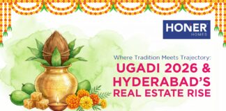 Where Tradition Meets Trajectory: Ugadi 2026 & Hyderabad’s Real Estate Rise A festive Ugadi illustration featuring a traditional brass kalash with coconut and mango leaves, surrounded by raw mangoes, jaggery pieces, marigold flowers, and a lit diya — representing the auspicious spirit of Telugu New Year 2026. Honer Homes explores how Ugadi aligns with Hyderabad's real estate growth in 2026.
