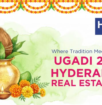 Where Tradition Meets Trajectory: Ugadi 2026 & Hyderabad’s Real Estate Rise A festive Ugadi illustration featuring a traditional brass kalash with coconut and mango leaves, surrounded by raw mangoes, jaggery pieces, marigold flowers, and a lit diya — representing the auspicious spirit of Telugu New Year 2026. Honer Homes explores how Ugadi aligns with Hyderabad's real estate growth in 2026.