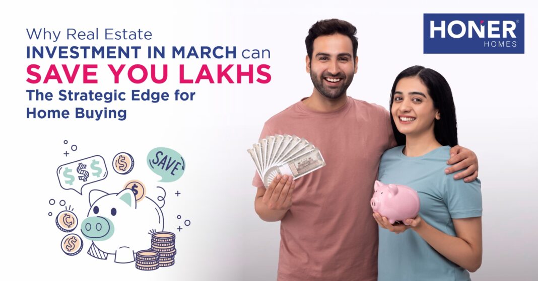 Couple saving money and planning a home purchase, illustrating how real estate investment in March can help buyers save on property costs.